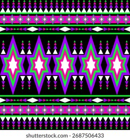 Geometric pattern with stars triangles and diamonds in vibrant pink purple green and white on black Abstract Design Graphic