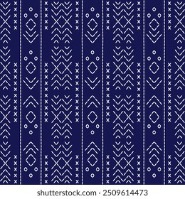 geometric pattern stitch Japanese embroidery Sashiko abstract seamless ornaments white line artwork indigo blue background vector design template decoration hand drawn print needle work quilt fabric 