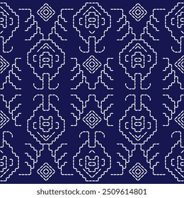 geometric pattern stitch Japanese embroidery Sashiko abstract seamless ornaments white line artwork indigo blue background vector design template decoration hand drawn print needle work quilt fabric 