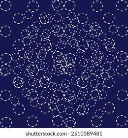 geometric pattern stitch Japanese embroidery Sashiko abstract seamless ornaments white line artwork indigo blue background vector design template decoration hand drawn print needle work quilt fabric 

