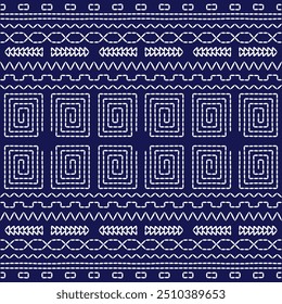 geometric pattern stitch Japanese embroidery Sashiko abstract seamless ornaments white line artwork indigo blue background vector design template decoration hand drawn print needle work quilt fabric 
