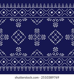 geometric pattern stitch Japanese embroidery Sashiko abstract seamless ornaments white line artwork indigo blue background vector design template decoration hand drawn print needle work quilt fabric 
