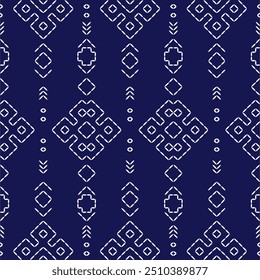 geometric pattern stitch Japanese embroidery Sashiko abstract seamless ornaments white line artwork indigo blue background vector design template decoration hand drawn print needle work quilt fabric 
