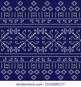 geometric pattern stitch Japanese embroidery Sashiko abstract seamless ornaments white line artwork indigo blue background vector design template decoration hand drawn print needle work quilt fabric 
