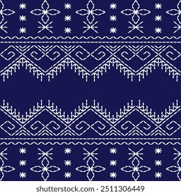 geometric pattern stitch Japanese embroidery Sashiko abstract seamless ornaments white line artwork indigo blue background vector design template decoration hand drawn print needle work quilt fabric 
