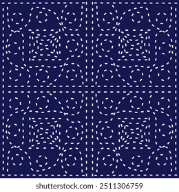 geometric pattern stitch Japanese embroidery Sashiko abstract seamless ornaments white line artwork indigo blue background vector design template decoration hand drawn print needle work quilt fabric 
