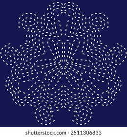 geometric pattern stitch Japanese embroidery Sashiko abstract seamless ornaments white line artwork indigo blue background vector design template decoration hand drawn print needle work quilt fabric 
