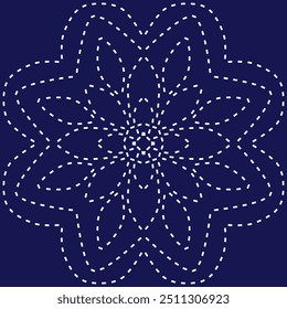 geometric pattern stitch Japanese embroidery Sashiko abstract seamless ornaments white line artwork indigo blue background vector design template decoration hand drawn print needle work quilt fabric 
