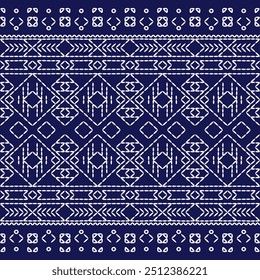 geometric pattern stitch Japanese embroidery Sashiko abstract seamless ornaments white line artwork indigo blue background vector design template decoration hand drawn print needle work quilt fabric 
