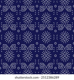 geometric pattern stitch Japanese embroidery Sashiko abstract seamless ornaments white line artwork indigo blue background vector design template decoration hand drawn print needle work quilt fabric 
