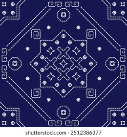 geometric pattern stitch Japanese embroidery Sashiko abstract seamless ornaments white line artwork indigo blue background vector design template decoration hand drawn print needle work quilt fabric 
