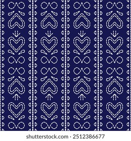 geometric pattern stitch Japanese embroidery Sashiko abstract seamless ornaments white line artwork indigo blue background vector design template decoration hand drawn print needle work quilt fabric 
