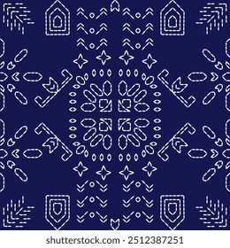 geometric pattern stitch Japanese embroidery Sashiko abstract seamless ornaments white line artwork indigo blue background vector design template decoration hand drawn print needle work quilt fabric 
