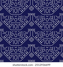geometric pattern stitch Japanese embroidery Sashiko abstract seamless ornaments white line artwork indigo blue background vector design template decoration hand drawn print needle work quilt fabric 
