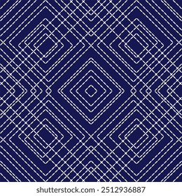 geometric pattern stitch Japanese embroidery Sashiko abstract seamless ornaments white line artwork indigo blue background vector design template decoration hand drawn print needle work quilt fabric 
