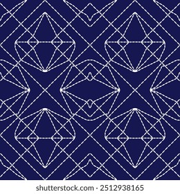 padrão geométrico ponto bordado japonês Sashiko abstrata perfeita ornamentos branco linha artwork indigo azul fundo vetor projeto modelo decoração mão desenhada agulha trabalho colcha tecido 

