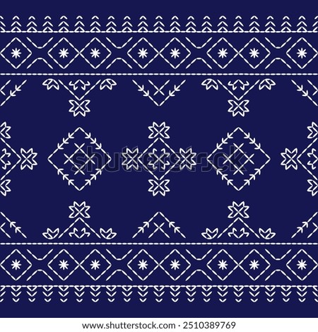 geometric pattern stitch Japanese embroidery Sashiko abstract seamless ornaments white line artwork indigo blue background vector design template decoration hand drawn print needle work quilt fabric 
