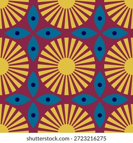 geometric pattern with stylized sunburst and eye motifs. 