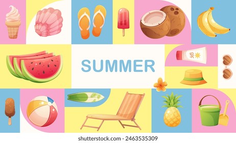 Geometric pattern with summer cartoon icons and Summer lettering. Vector illustration for summer sales, discounts, hello summer