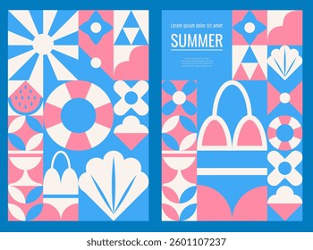 Geometric pattern of summer symbols made of squares in sky and sea colors. Vector illustration