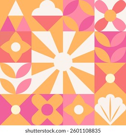 Geometric pattern of summer symbols made of squares in warm colors. Vector illustration