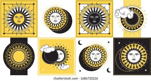 Geometric pattern sun and moon. Seamless sunny pattern for fabric, wallpaper, wrapping paper, cards and web backgrounds.