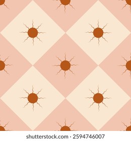 Geometric pattern with sun and sqaures. Endless vector texture on dusty pink and butter color background. Print for women's wear, home textile, ceramic tiles, wrapping paper.