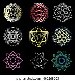 Geometric pattern symbols fractale pentagram astrology stamp label