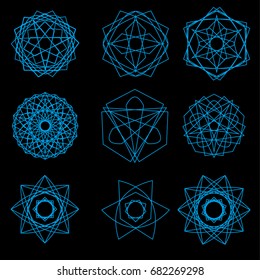 Geometric pattern symbols fractale pentagram astrology stamp label