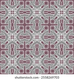 Geometric pattern, symmetrical design, intricate lines, modern style, gray and maroon colors, abstract shapes, repeating motif, decorative element, contemporary look, artistic expression