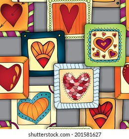 Geometric pattern. Template frame design for card with set of abstract doodle hearts and flowers in rectangles. Colored version. Used clipping mask for easy editing.
