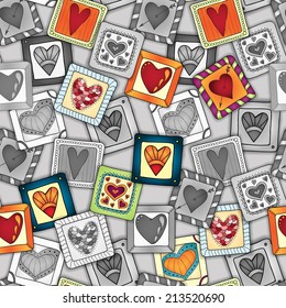 Geometric pattern. Template frame design for card with set of abstract doodle hearts and flowers in rectangles. Used clipping mask for easy editing.