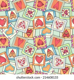 Geometric pattern. Template frame design for card with set of abstract doodle hearts and flowers in rectangles. Used clipping mask for easy editing.