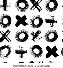 Geometric pattern tic-tac-toe watercolor memphis style background. Seamless abstract black pattern. Grunge straight brush stroke, circles, fluid shapes, cross lines. Ink illustration in 80-90s style. 