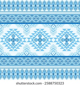 geometric pattern with traditional textile motifs. The symmetrical design consists of diamond shapes, intricate borders, and repeating details, resembling embroidery. Vector ethnic Native American 