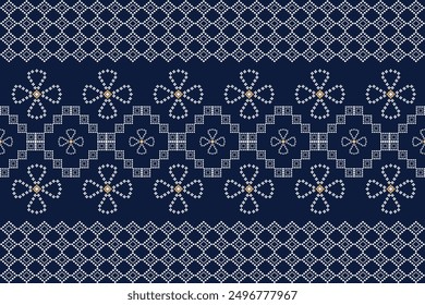Geometrisches Muster Traditioneller Tribal Style, Pixel-Stickerei, Geometrisches Muster. Schöne Hintergrundmuster, Stoffmuster für Kleidung, Kleid, Teppich, Vorhang, Sarong, Sari, Schal, Batik, Tapete, Grenze