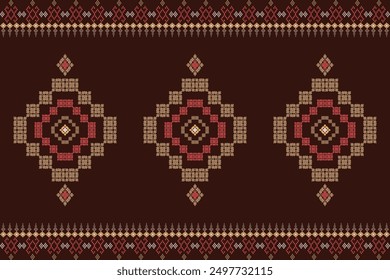 Geometrisches Muster Traditioneller Tribal Style, Pixel-Stickerei, Geometrisches Muster. Schöne Hintergrundmuster, Stoffmuster für Kleidung, Kleid, Teppich, Vorhang, Sarong, Sari, Schal, Batik, Tapete, Grenze