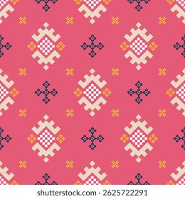Geometric Pattern Traditional Tribal Style, Pixel Embroidery seamless Pattern. Cross stitch embroidery pattern. Vector design For Clothes ,Dress, Carpet, Curtain, Sarong, Sari, Scarves, Batik. 