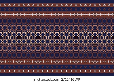 Geometrisches Muster Traditioneller Tribal Style, Pixel-Stickerei, Geometrisches Muster. Schönes Hintergrundmuster, Stoffmuster für Kleidung, Kleid, Teppich, Vorhang, Sarong, Sari, Schals, Batik.