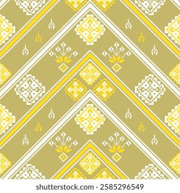 Geometric pattern, traditional Ukrainian pixel art. Stylish floral pattern in yellow and white on a beige background, cross-stitch is used in traditional embroidery, knitting pattern.vector seamless.