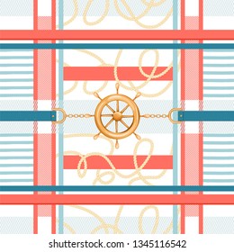 Geometric pattern with trendy checkered print, golden chains, rope, belts, ship wheel and marine stripes. Colorful fashion print for textile, scarf, silk shawls and cravat design. Vector illustration.