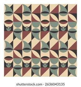 Geometric pattern with triangles, circles, and curved shapes in muted tones.
