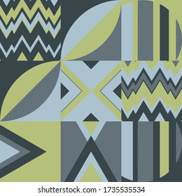 Geometric pattern with triangles circles and squares in bluish and gray, gold colors