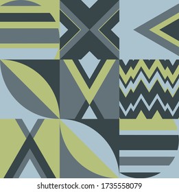 Geometric pattern with triangles circles and squares in bluish and grey, gold colors