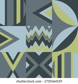 Geometric pattern with triangles circles and squares in bluish and grey, gold colors