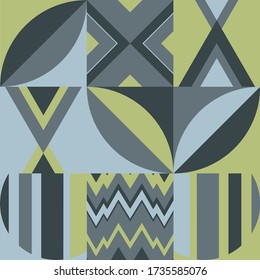 Geometric pattern with triangles circles and squares in bluish and grey, gold colors