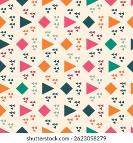 Geometric pattern with triangles and diamonds in various colors including pink, orange, green, and dark blue. Each shape is accompanied by a cluster of smaller triangles in a complementary color.