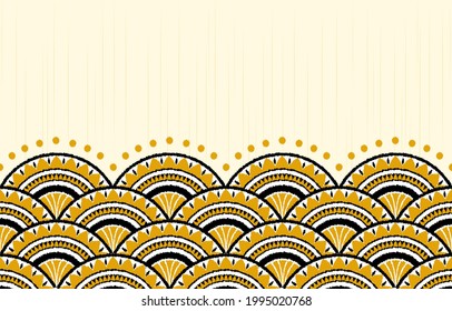 patrón geométrico. Arte tribal Ikat Ogee en los tradicionales colores clásicos negro y amarillo. basado en el estilo de tela ikat. Ilustración vectorial.