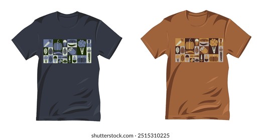 geometric pattern t-shirt design, vegetable theme, vintage and retro style