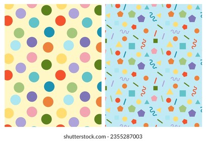 Geometric pattern in two styles, abstract.
Rainbow colors, polka dot pattern, geometric background, confetti